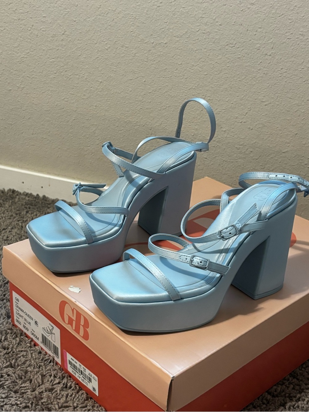 Sky Blue Strappy Platform Heels with Chunky Block Heel